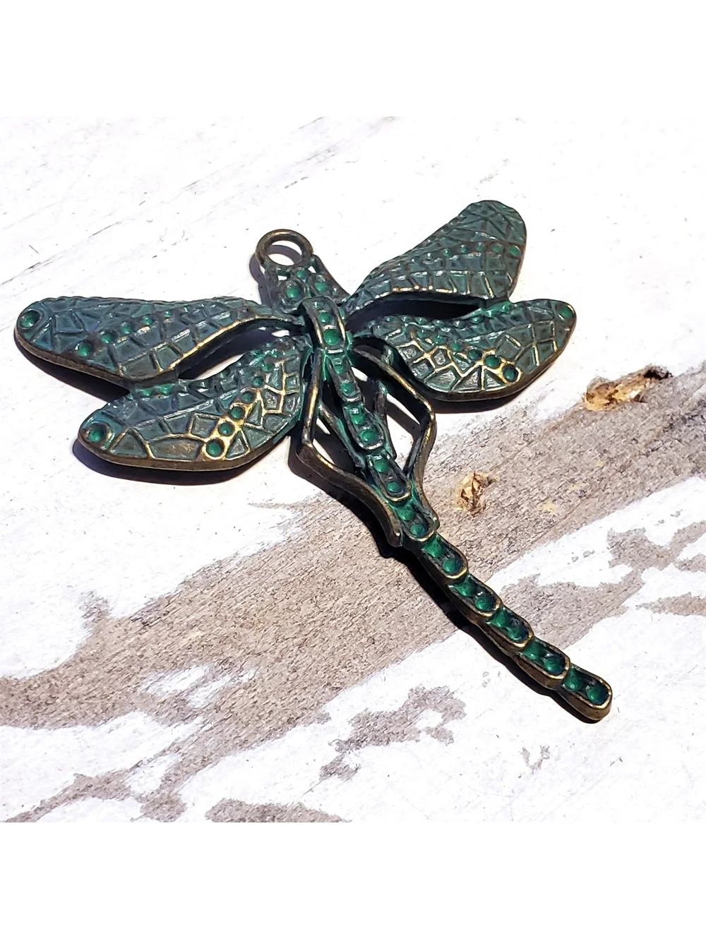 Antique Bronze Art Nouveau Verdigris Green Patina Carved Dragonfly Pendant